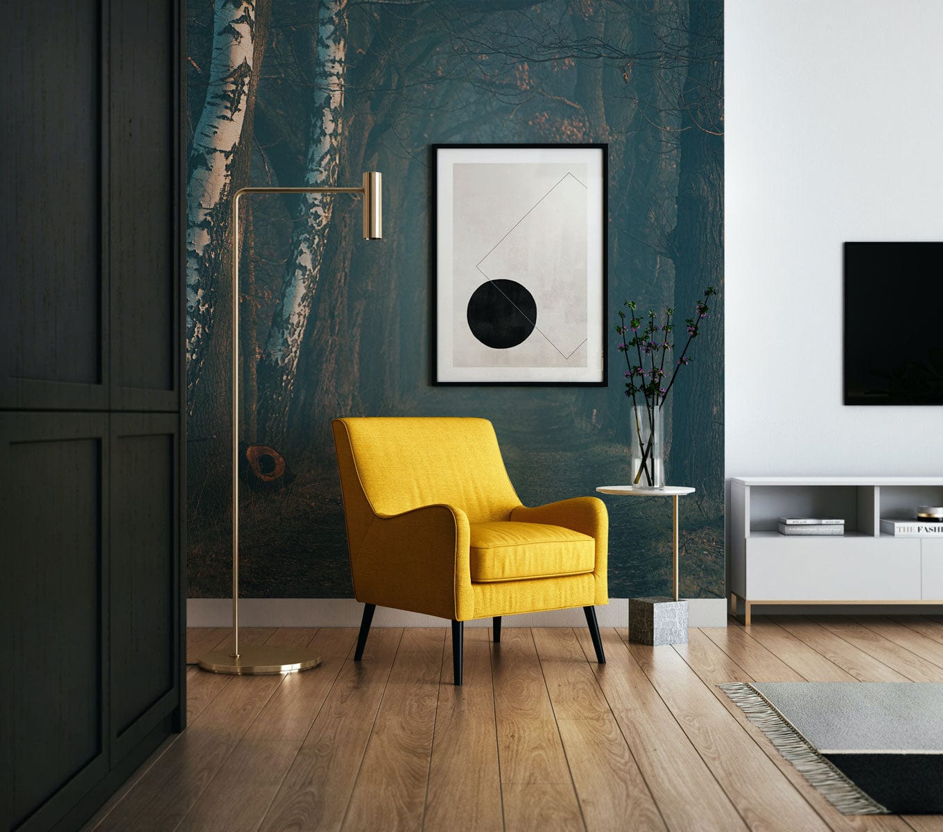 Fauteuil en tissu jaune moderne avec murale papier peint Allée Forestière