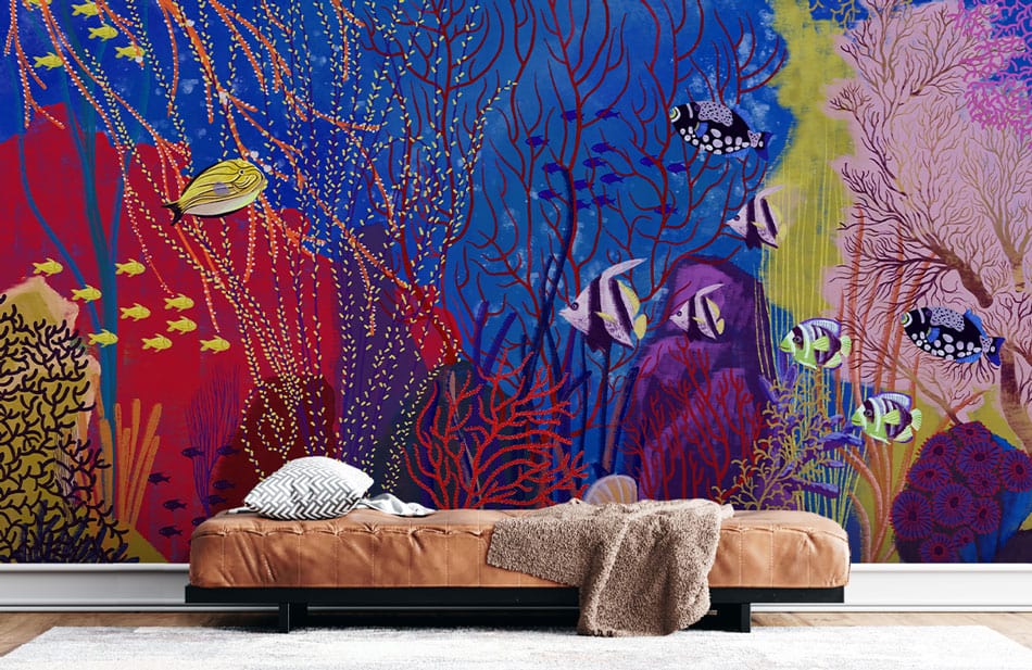Banquette en cuir rembourré avec base en métal noir, idéale pour murale papier peint fond océan