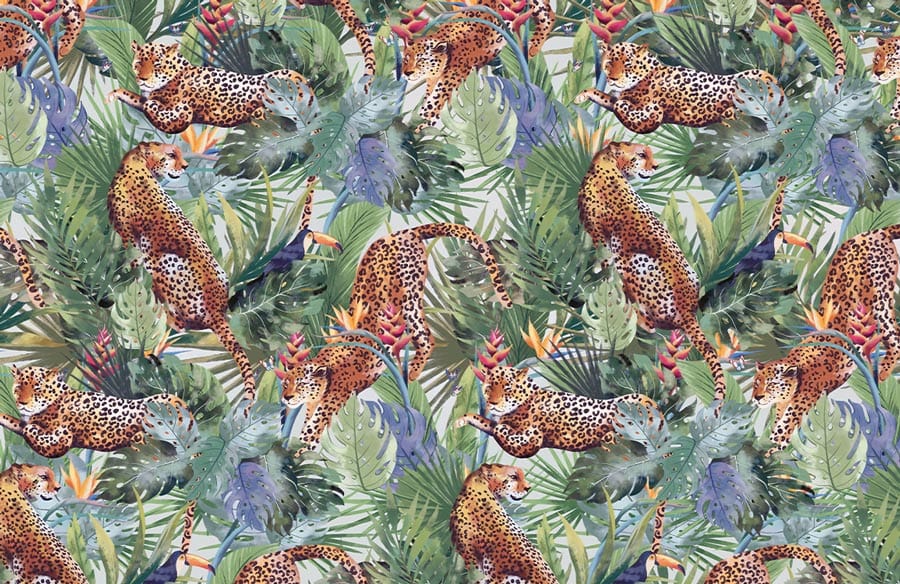 Seamless motif de guépards et végétation tropicale pour murale forêt et papier peint panoramique
