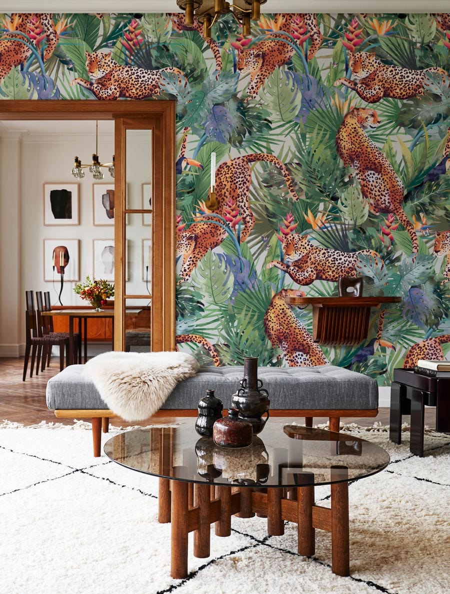 Murale forêt papier peint panoramique avec leopards pour une décoration personnalisée élégante