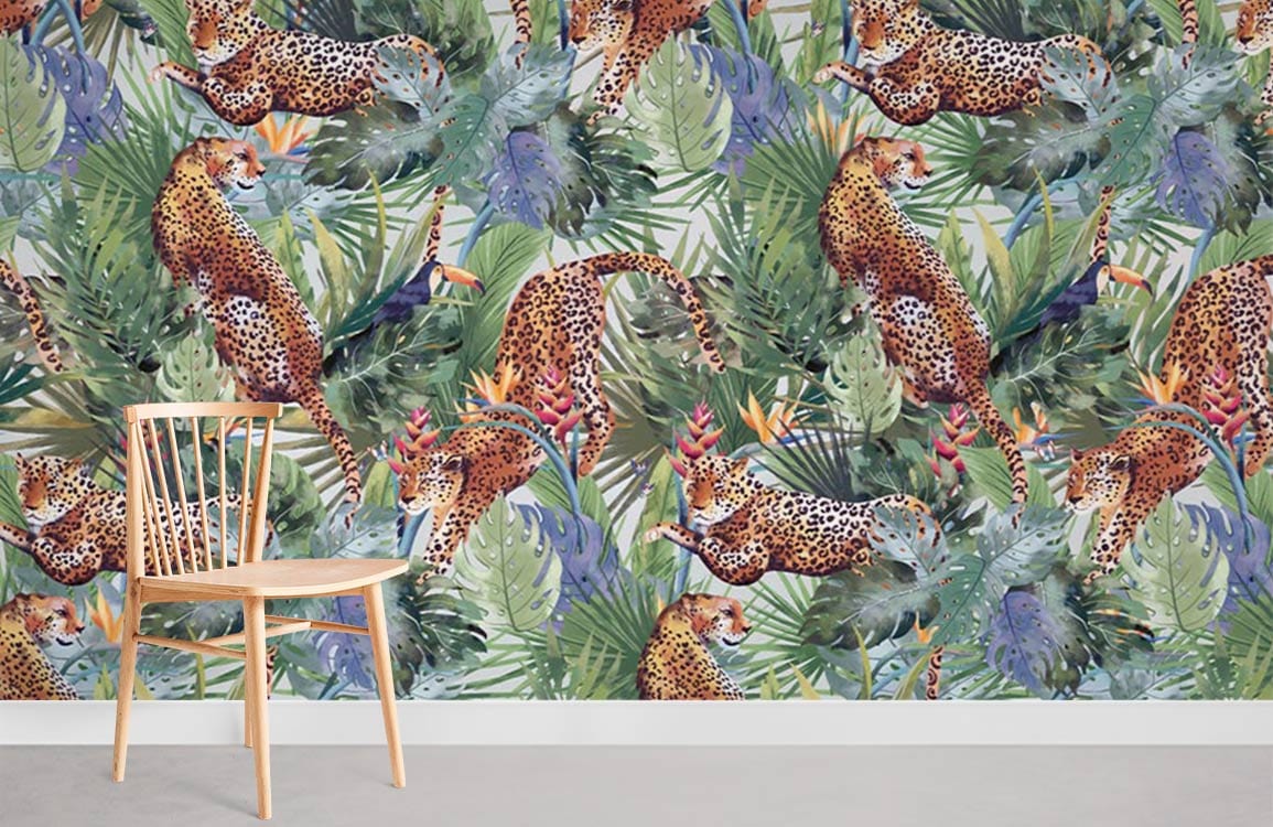Chaise en bois à lattes avec murale forêt guépard, décoration personnalisée, papier peint panoramique