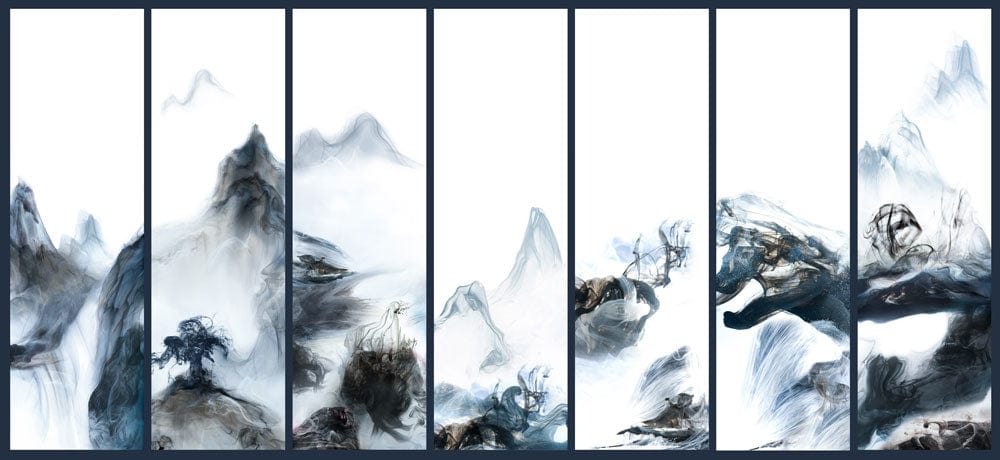 Murale papier peint montagnes d’encre flottante, paysage montagnard brumeux en style ink wash