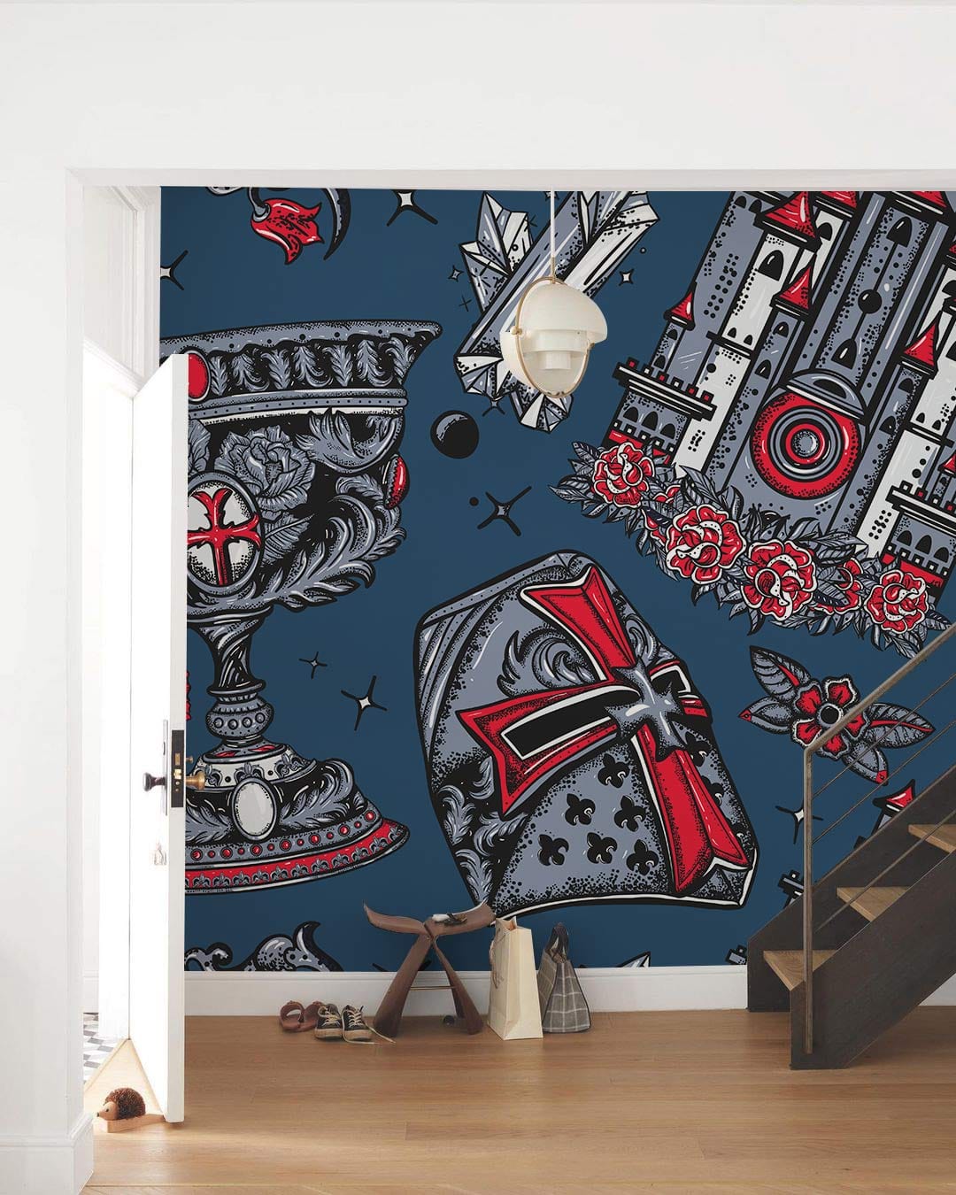 Murale secrète du Château Sanglant papier peint avec motifs médiévaux, château, casque et calice