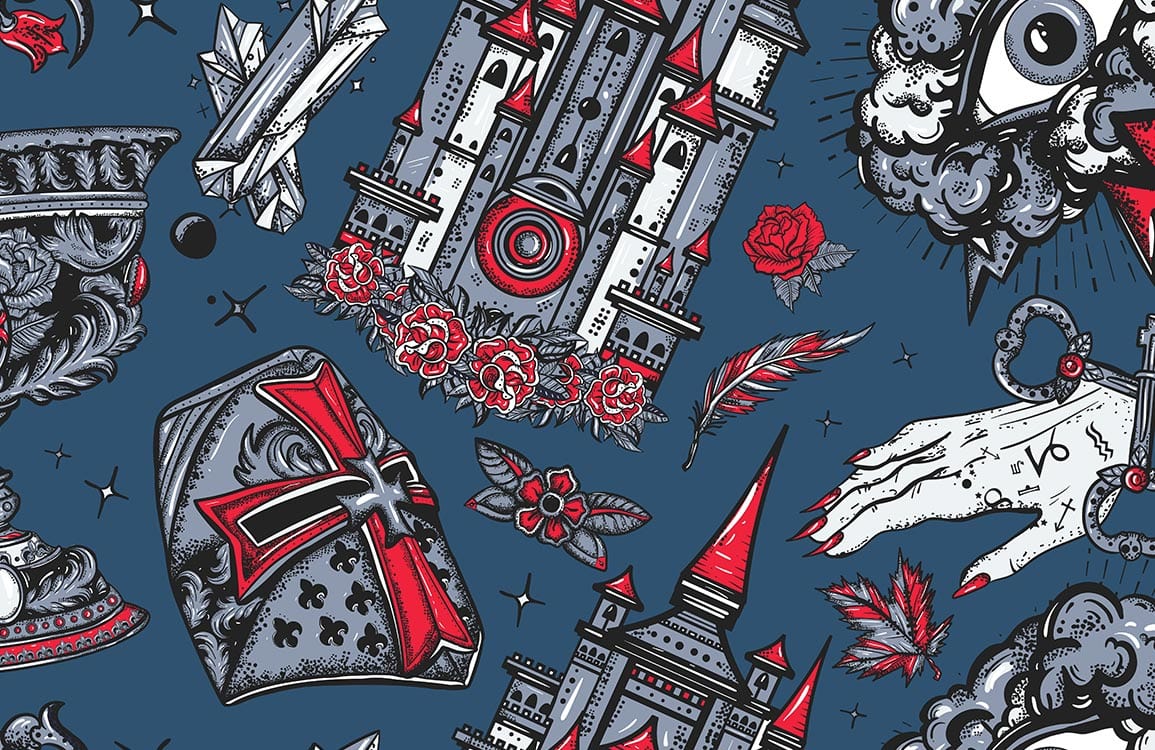 Murale secrète du Château Sanglant en papier peint avec motifs gothiques et médiévaux rouges, gris et noirs