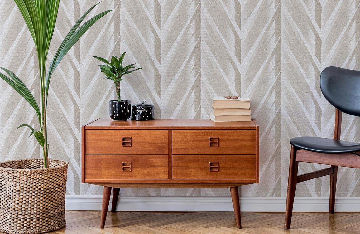 Desserte en bois style mid-century modern avec quatre tiroirs, murale texturée Arista en papier peint