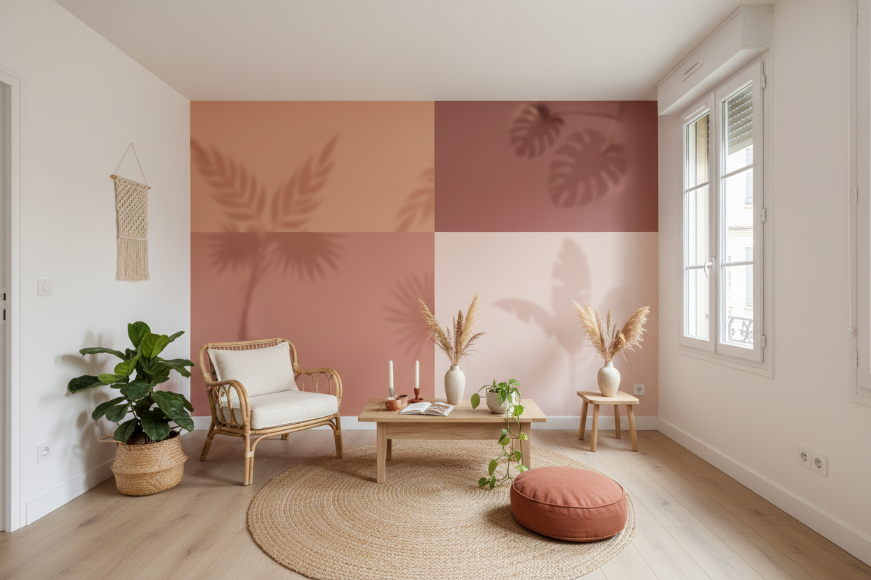 Papier peint panoramique Murmures d’Ombres rosés dans salon cosy minimaliste