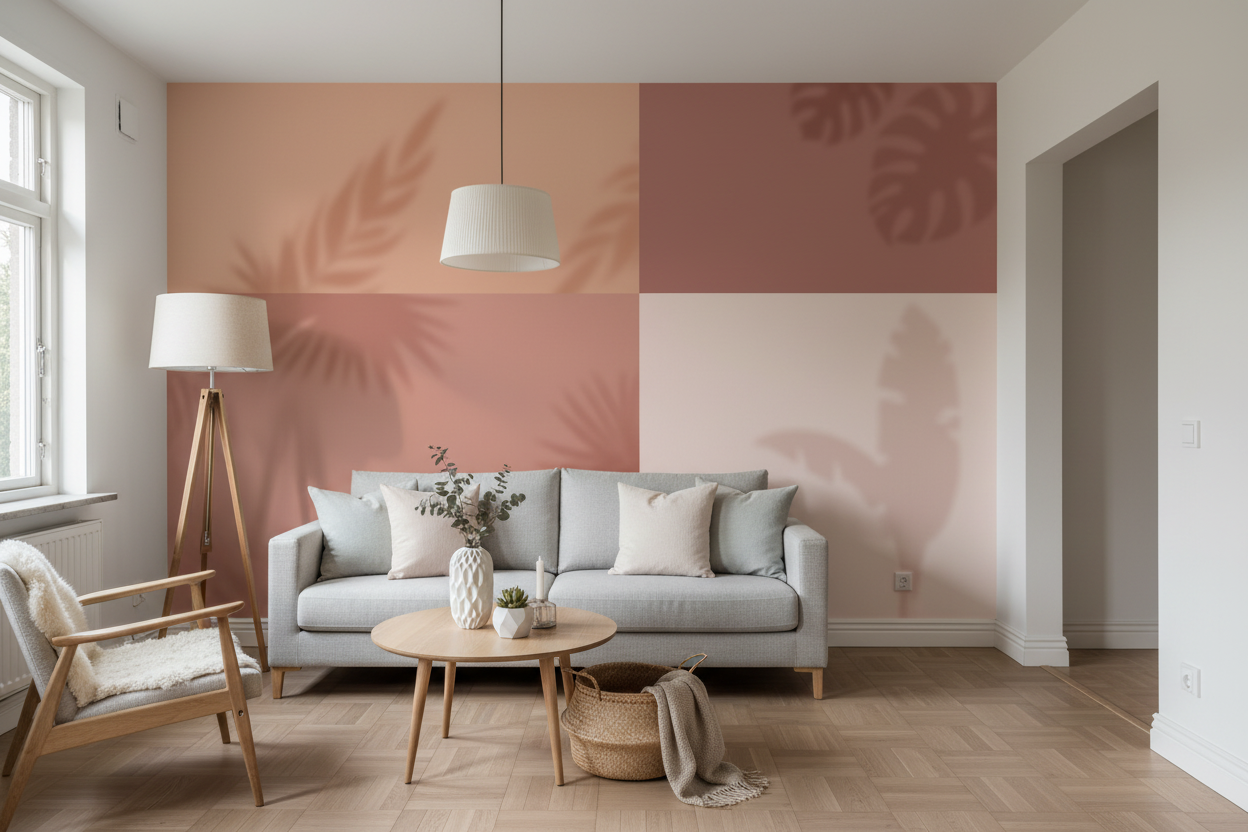 Canapé gris clair capitonné, pieds en bois, coussins assortis, avec papier peint panoramique Murmures d’Ombres rosés