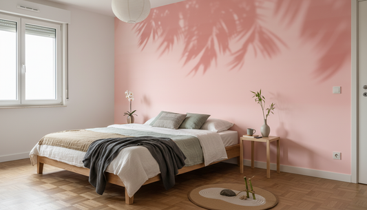 Table de chevet minimaliste en bois clair avec papier peint panoramique Murmures Tropiques sur Rose Poudré