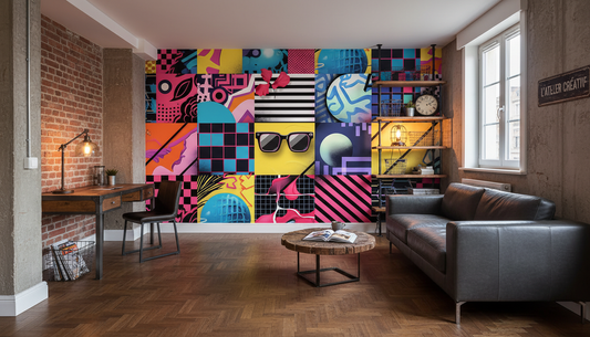 Canapé en cuir noir aux pieds métalliques modernes, motifs rétro et couleurs éclatantes