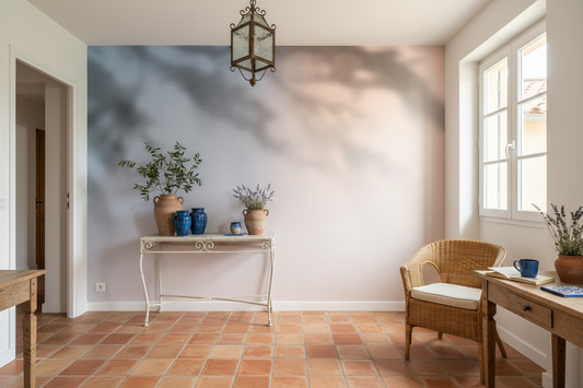 Chaise osier tressé coussin blanc avec papier peint panoramique Ombrage abstrait