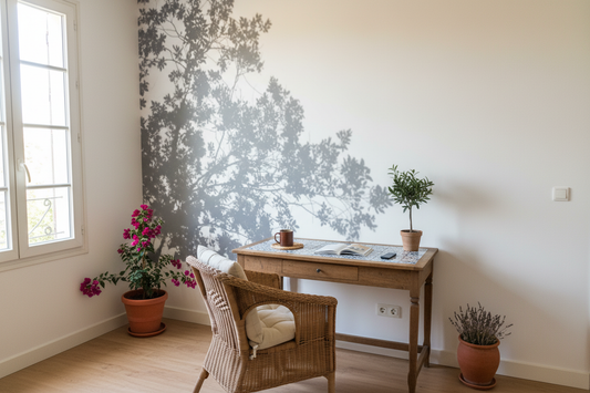 Chaise en osier avec coussin crème et cadre bois, sous tapisserie panoramique Ombre d’arbre apaisante et intemporel
