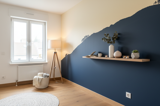 Étagère minimaliste en bois sur papier peint panoramique bi-colore, avec vases et plantes