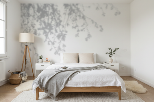 Lit minimaliste en bois avec fini naturel sur papier peint panoramique