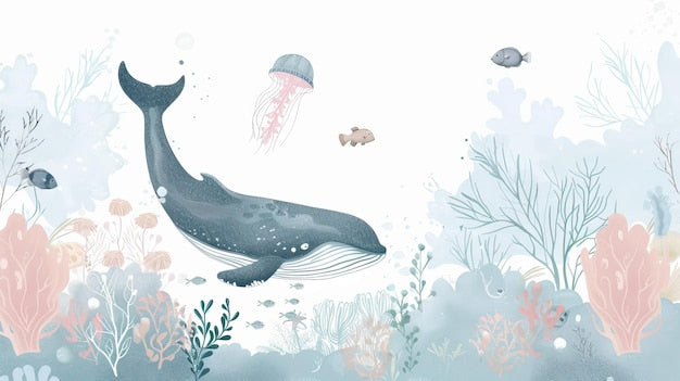 Sticker autocollant baleine sur papier peint aquarelle sous-marine ondulations marines