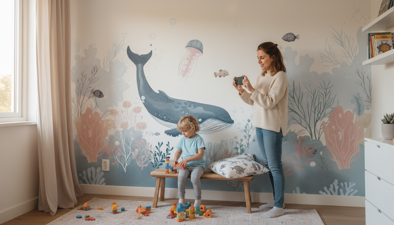 Papier peint aquarelle sous-marine avec baleine et poissons