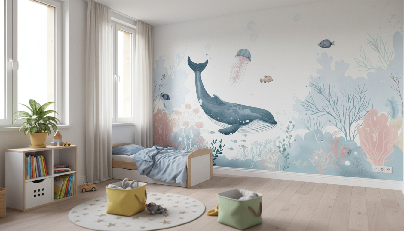 Papier peint panoramique Ondulations Marines : mural baleine aquarelle sous-marine pastel