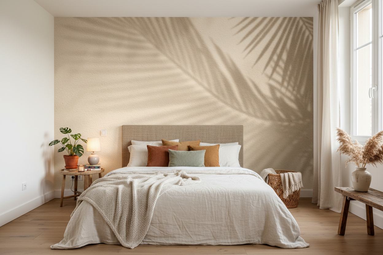 Tête de lit capitonnée beige texturée, fond doré Palm Beach Doré