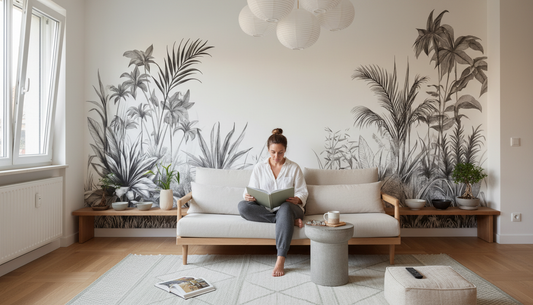 Femme lisant sur canapé beige dans salon minimaliste avec papier peint panoramique Palmes Tropicales