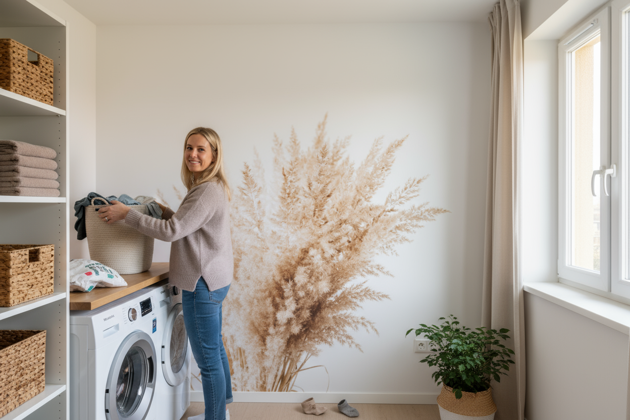 Lave-linge blanc et argent moderne contre mur blanc avec couleurs neutres