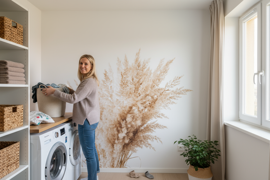 Lave-linge blanc et argent moderne contre mur blanc avec couleurs neutres