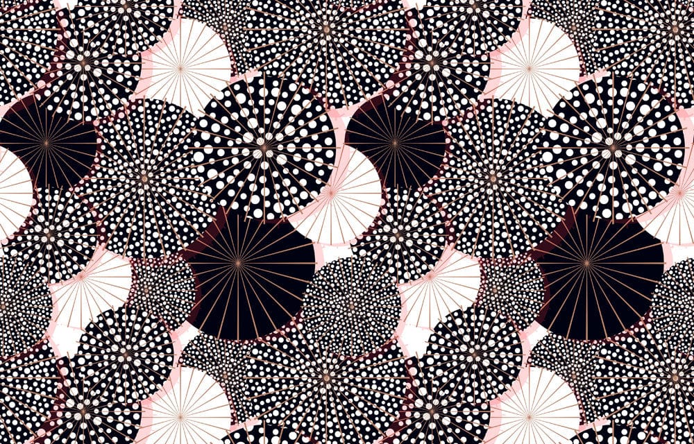 Papier peint artistique avec motif de parapluies noirs et blancs sur fond rose pâle