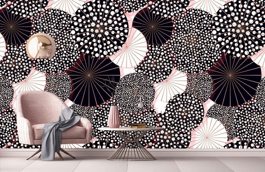 Papier peint artistique noir, blanc et rose avec mobilier, design moderne et élégant