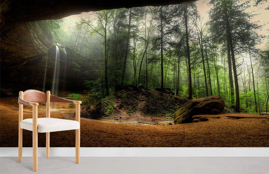 Chaise en bois clair avec assise blanche dans décoration personnalisée papier peint panoramique