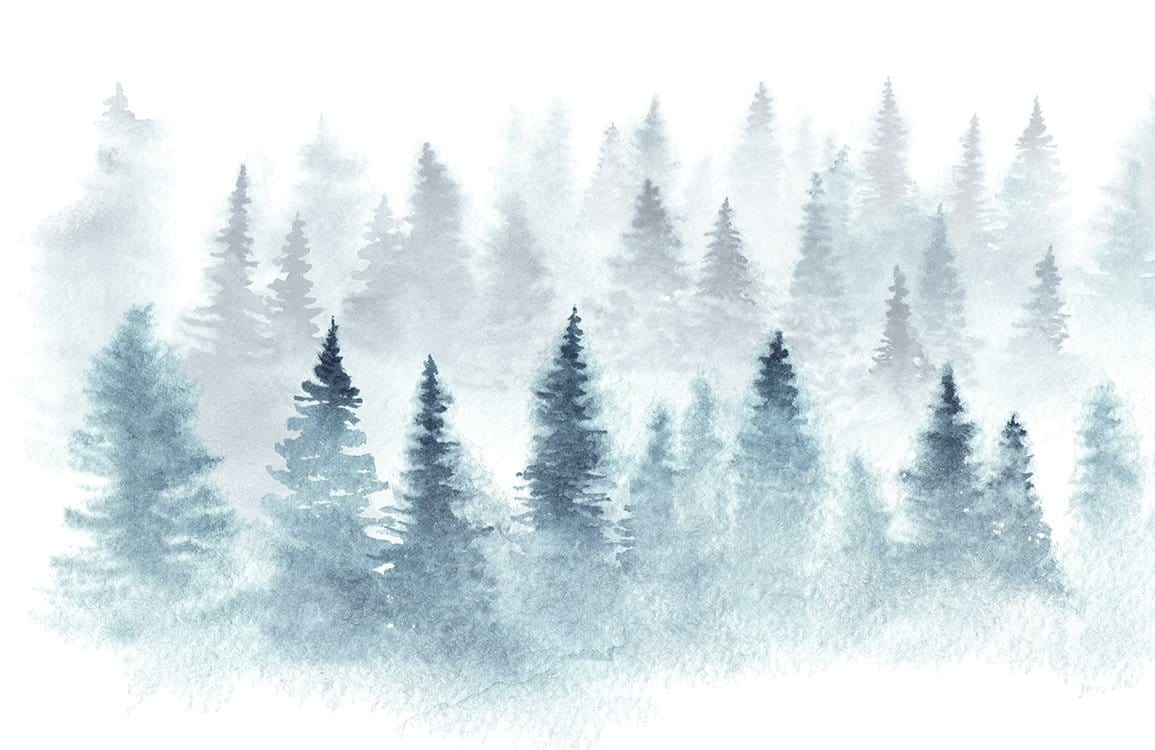 Papier peint panoramique forêt brumeuse en aquarelle pour décoration personnalisée