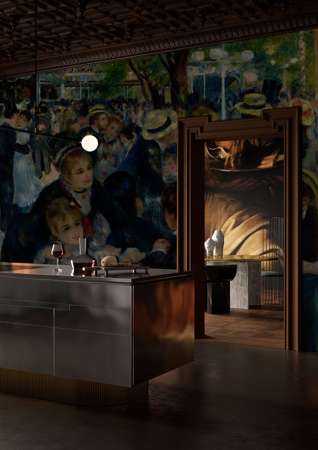 Papier peint Bal du Moulin de la Galette dans une cuisine moderne avec îlot métallique