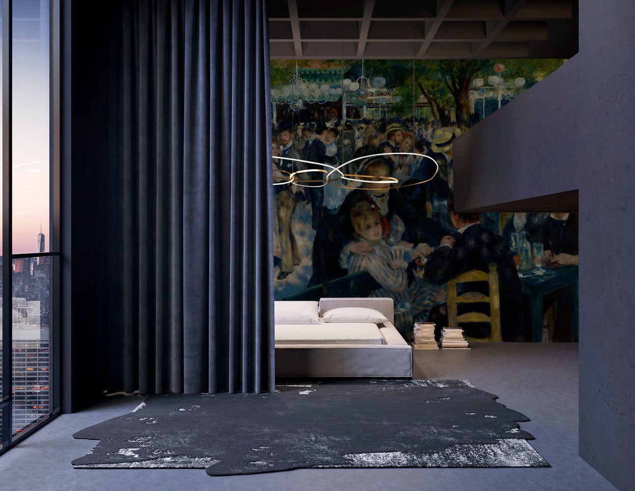 Photo d’une chambre contemporaine avec mur mural papier peint Bal du Moulin de la Galette