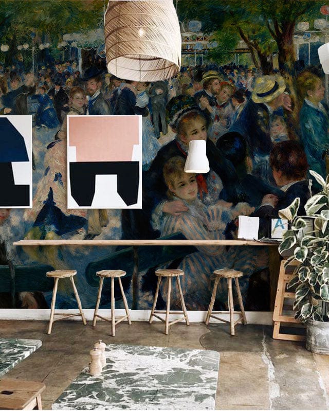 Papier peint Bal du Moulin de la Galette avec mural et tabourets en bois dans un café