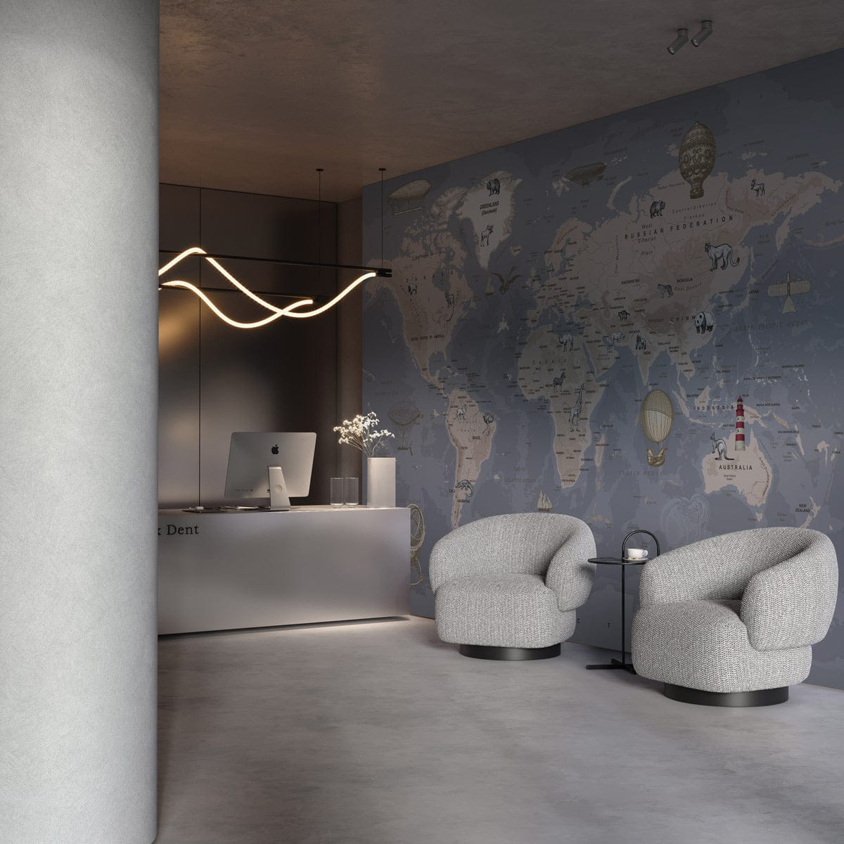 Papier peint carte du monde vintage avec animaux dans un espace de réception moderne minimaliste