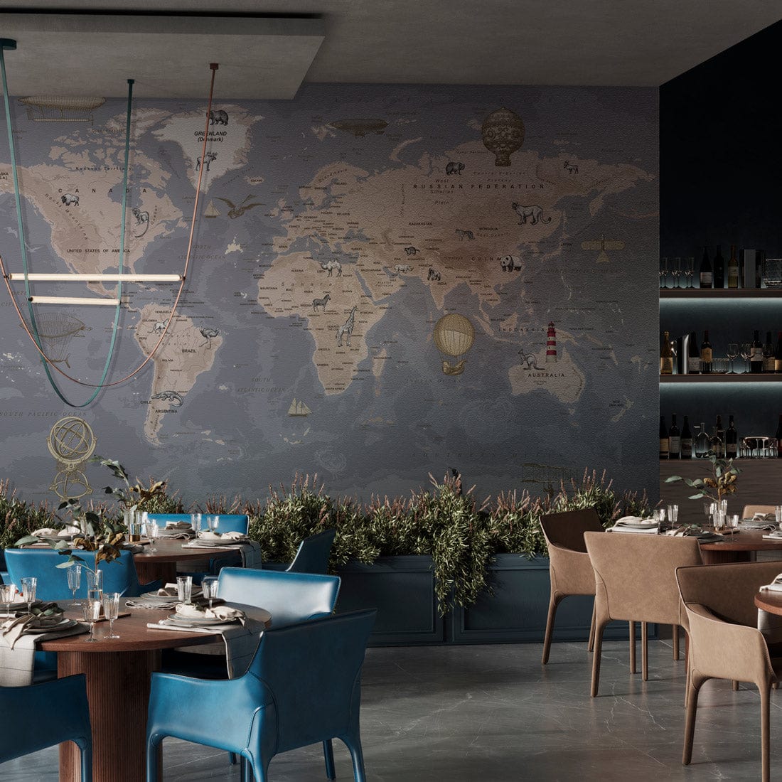 Papier peint carte du monde vintage avec animaux dans une salle à manger de restaurant