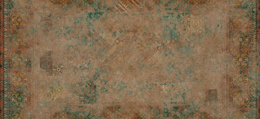 Rug vintage distressed avec border orné, motif vert et marron, pour papier peint classique vieilli
