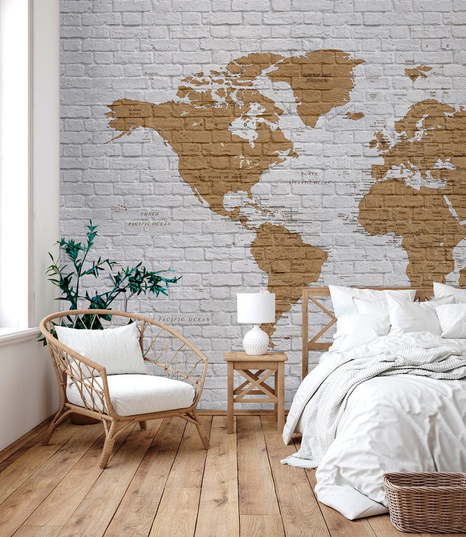 Papier peint de carte du monde sur mur de briques - Le meilleur Papier peint panoramique Sur mesure