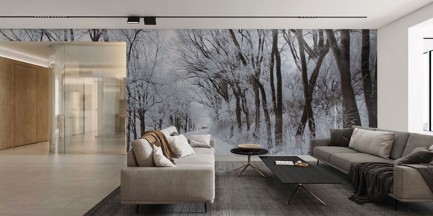 Papier peint panoramique chemin forestier enneigé pour une décoration personnalisée moderne