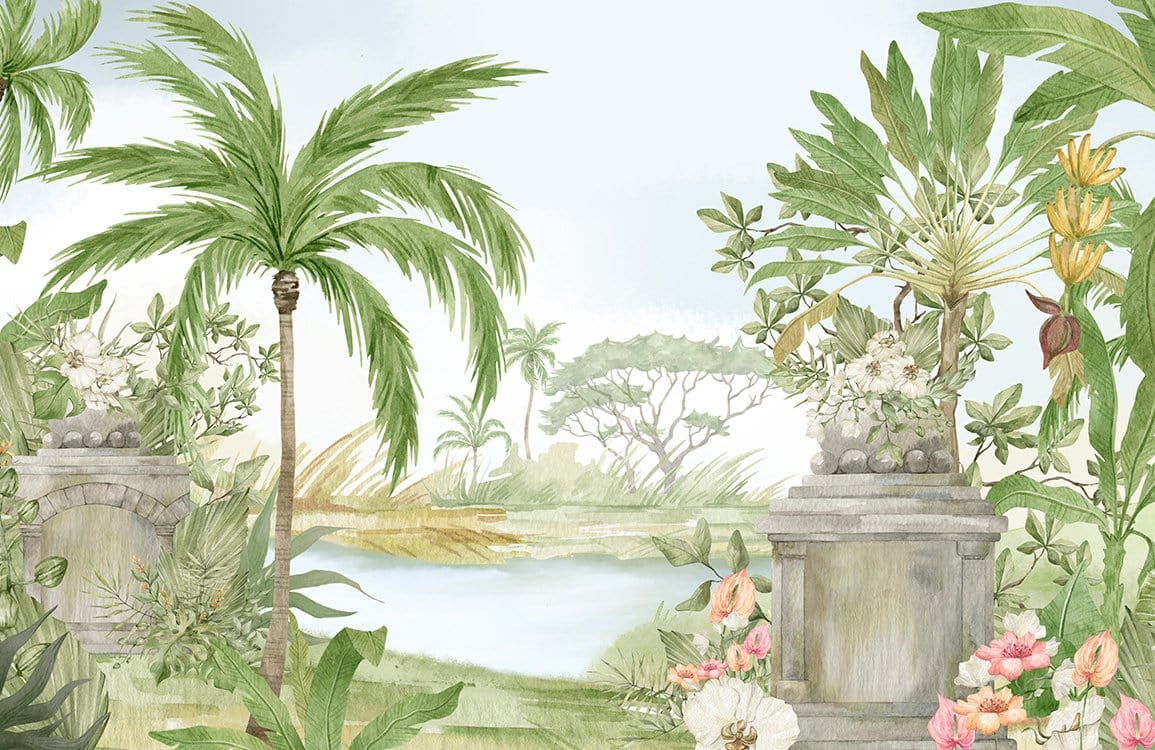 Papier peint panoramique forêt à l’aquarelle avec jardin tropical, décoration personnalisée