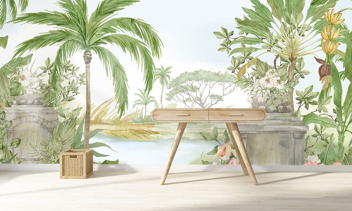 Console en bois clair avec tiroirs, idéale pour décoration personnalisée forêt à l’aquarelle