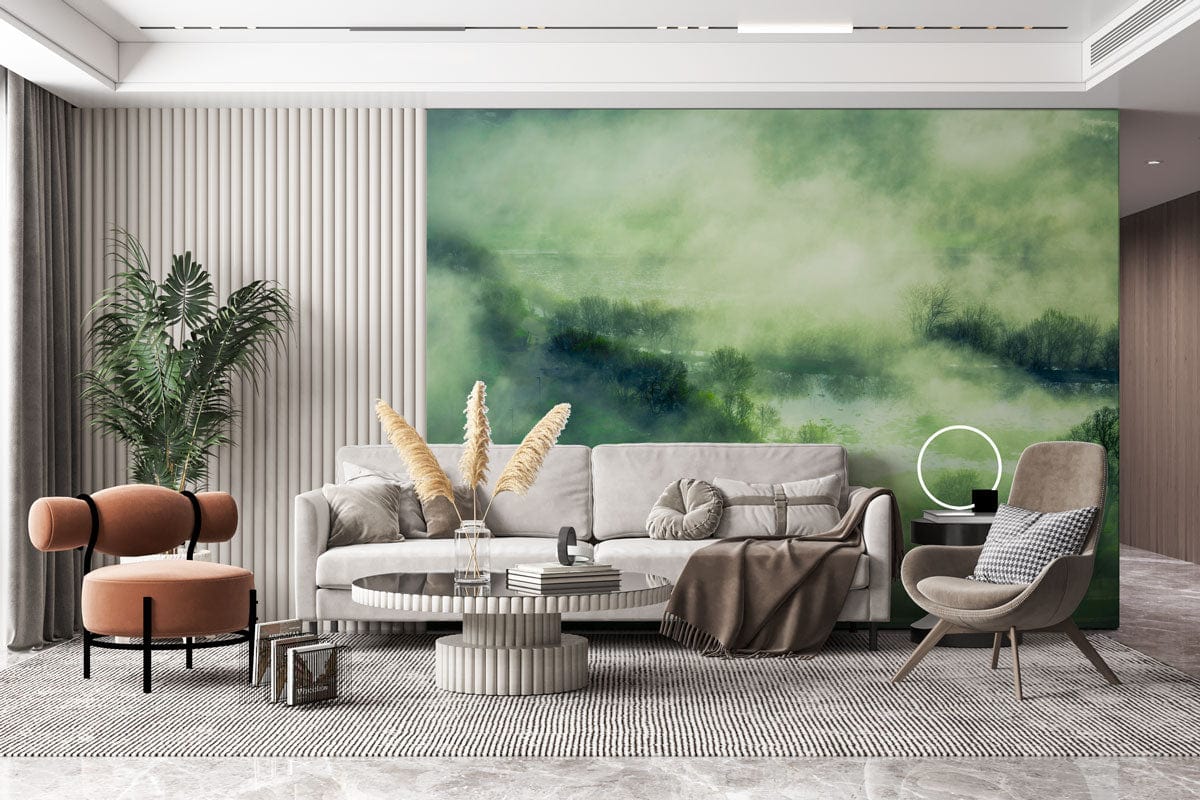 Papier peint panoramique forêt verdoyante et brumeuse pour une décoration personnalisée moderne