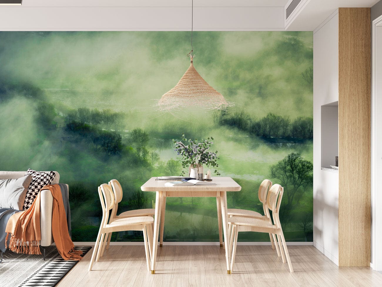 Papier peint panoramique forêt verdoyante et brumeuse pour décoration personnalisée intérieure