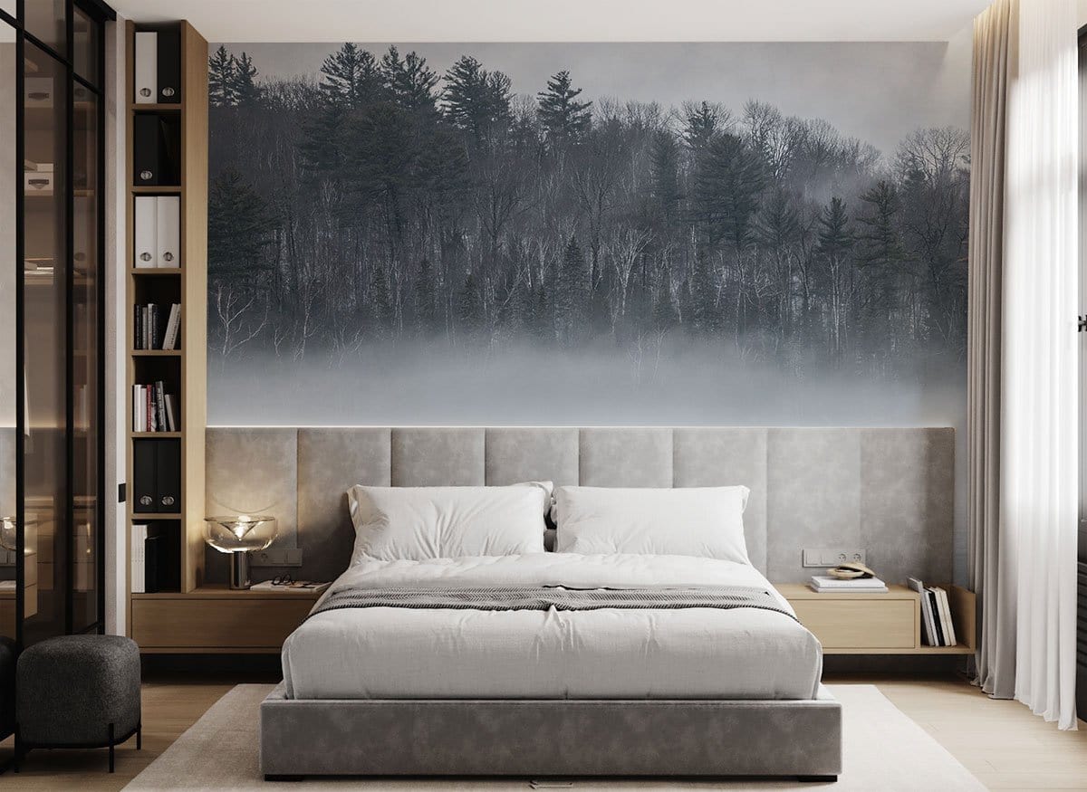Papier peint panoramique forêt brumeuse pour une décoration personnalisée moderne