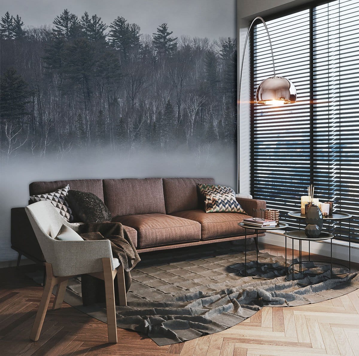 Canapé en tissu marron avec coussins décoratifs pour décoration personnalisée forêt brumeuse