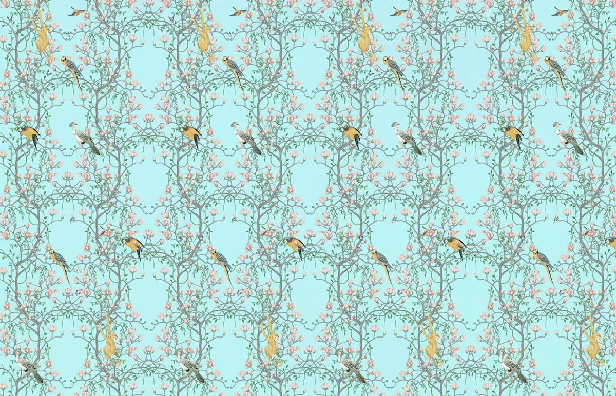 Papier peint panoramique Chinoiserie avec cerisiers en fleurs et oiseaux, décoration personnalisée