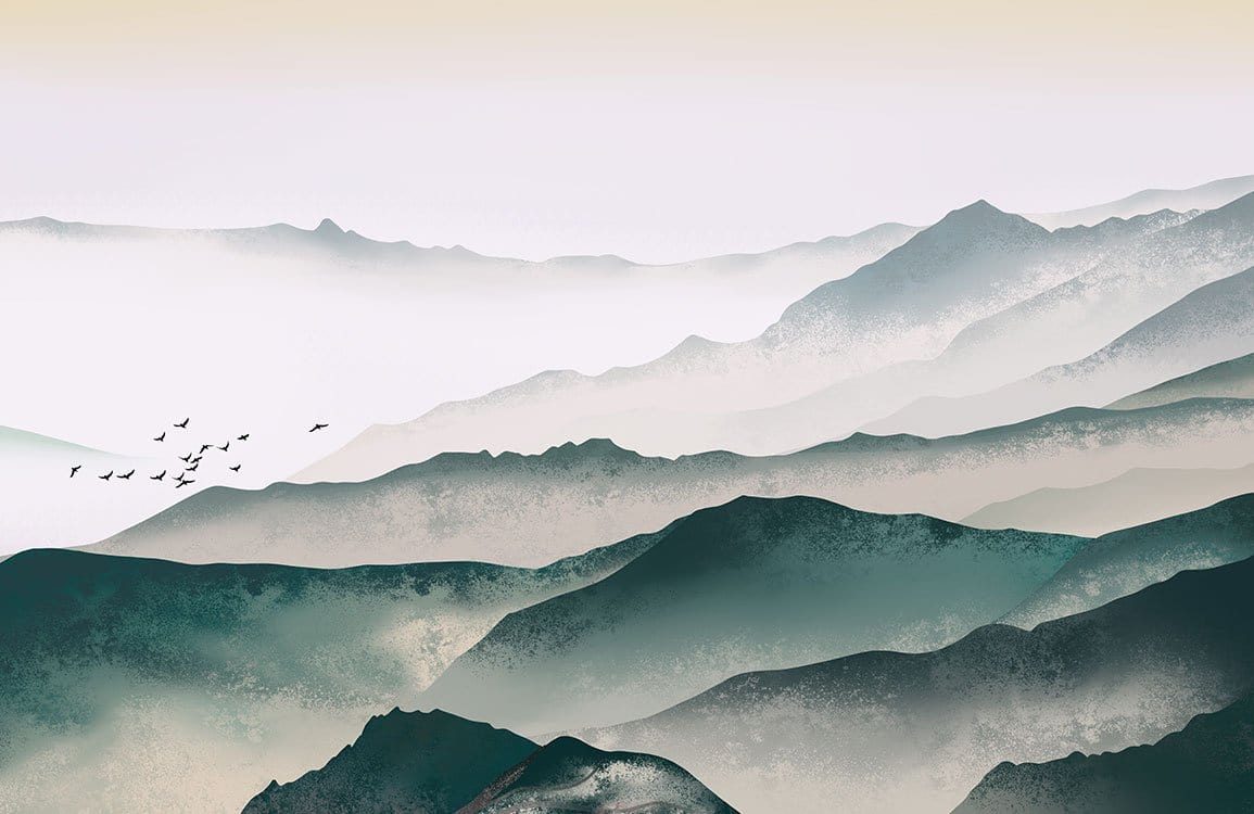 Papier peint panoramique montagne brumeuse avec oiseaux pour décoration personnalisée