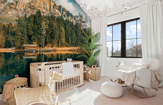 Papier peint panoramique forêt et reflet pour décoration personnalisée de nursery cozy