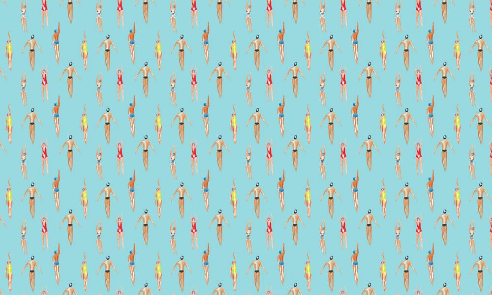 Papier peint panoramique avec des nageurs cartoon sur fond bleu clair pour décoration intérieure
