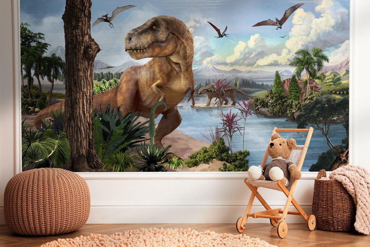 Papier peint de paysage préhistorique avec dinosaures - Le meilleur Papier peint panoramique Sur mesure