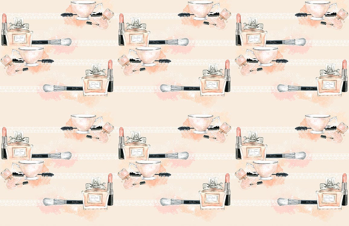 Papier peint panoramique de motif aquarelle de maquillage et parfum pour décoration élégante