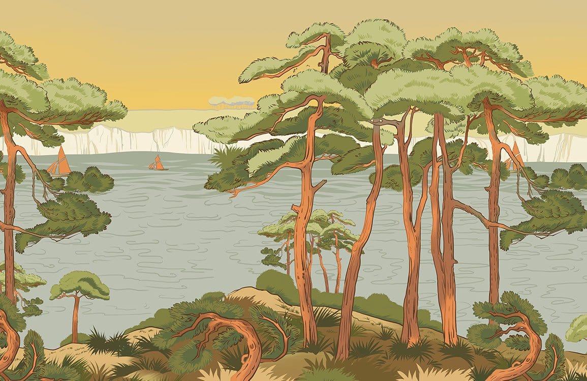 Papier peint panoramique paysage de lac avec pins pour décoration personnalisée murale