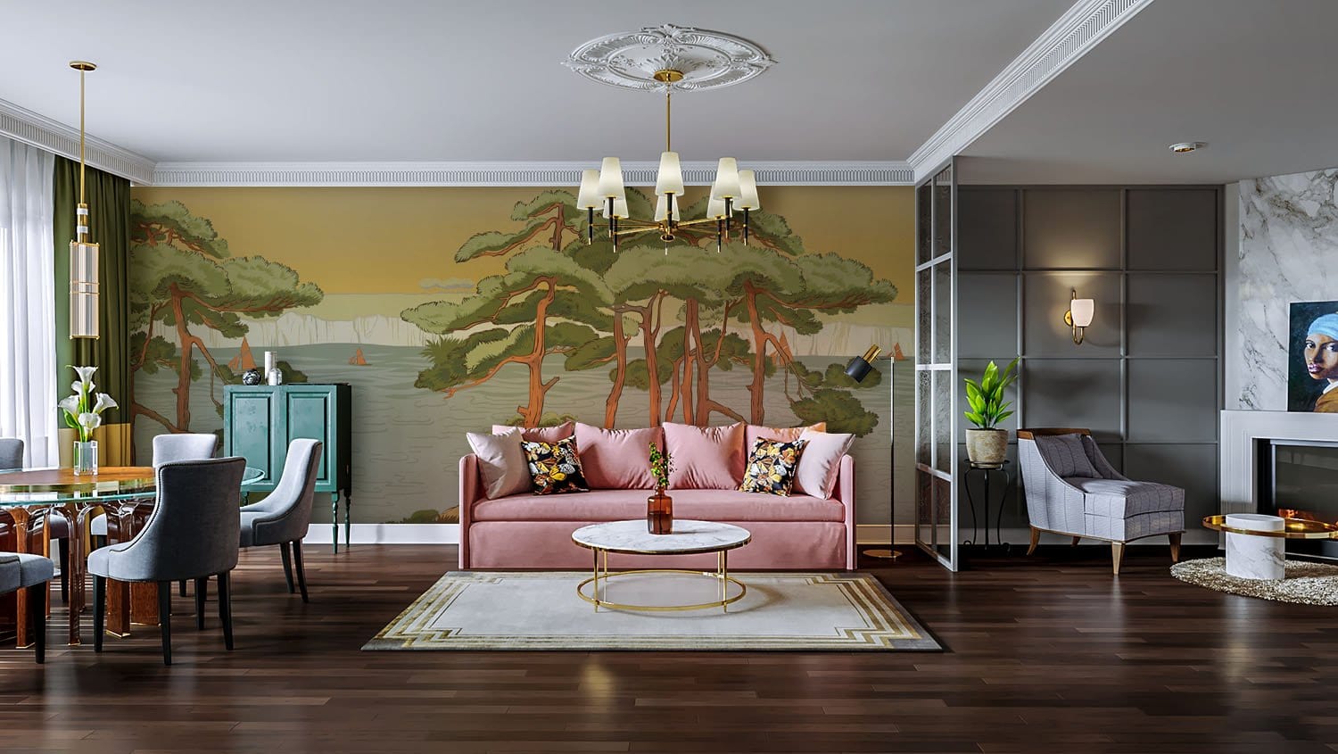 Canapé rose avec coussins décoratifs devant papier peint panoramique rivière pour décoration personnalisée